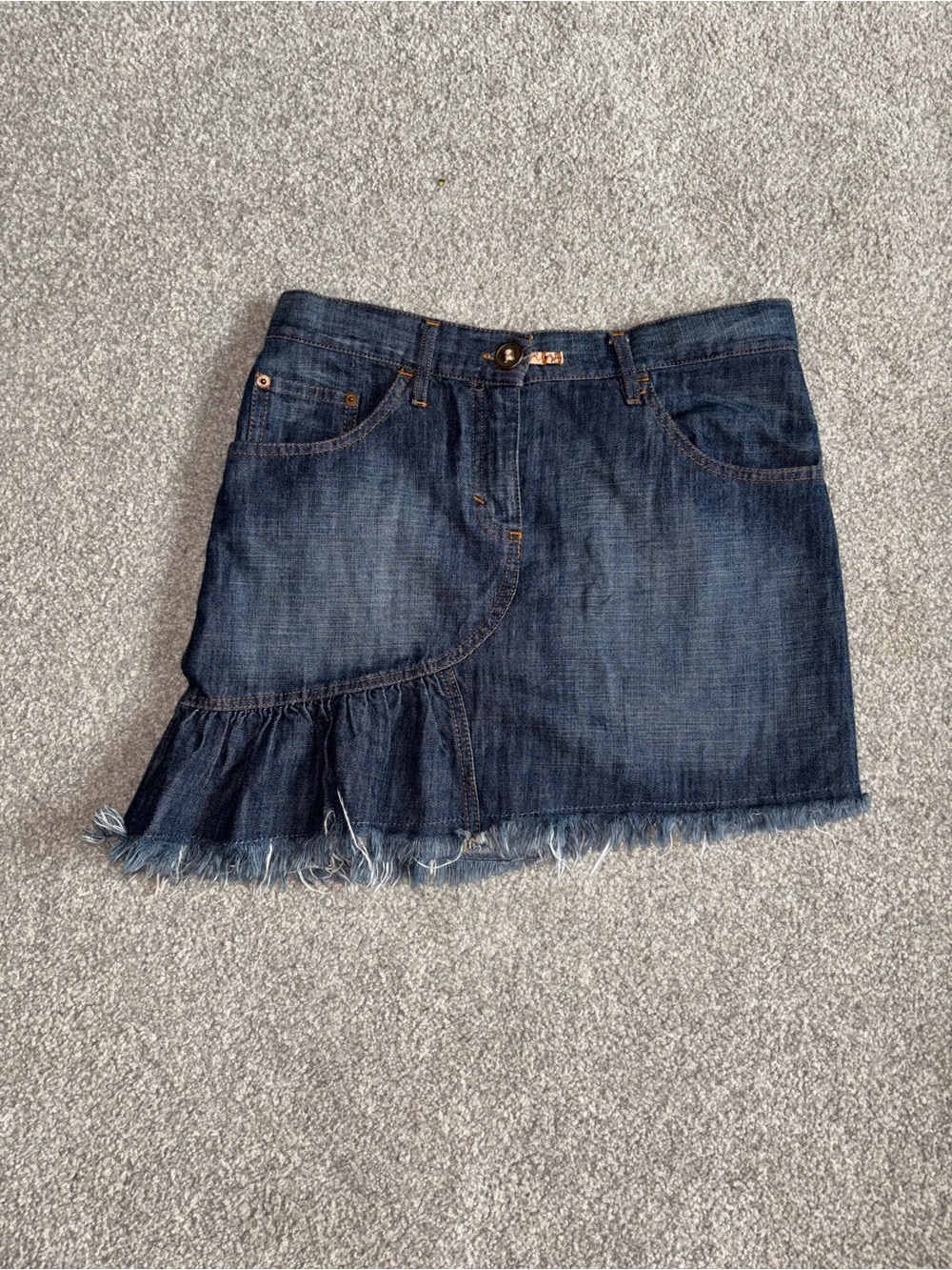 Dark Blue european Denim Ruffle Hem Mini Skirt 31” Waist. SIZE S-L